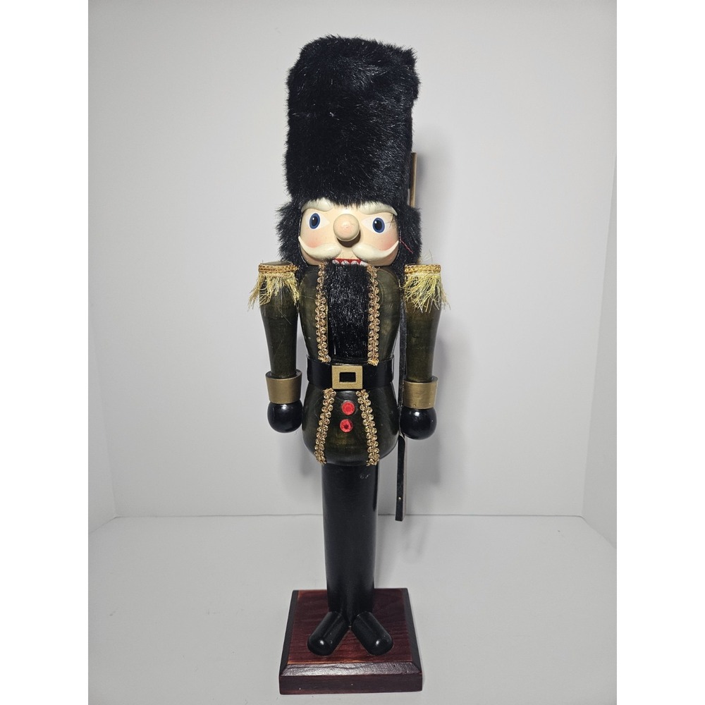Wooden Nutcracker Toy Soldier Guard Green Uniform Fur Hat Christmas 19" Vintage